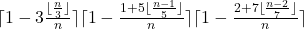 \lceil1-3\frac{\lfloor\frac{n}{3}\rfloor}{n}\rceil\lceil1-\frac{1+5\lfloor\frac{n-1}{5}\rfloor}{n}\rceil\lceil1-\frac{2+7\lfloor\frac{n-2}{7}\rfloor}{n}\rceil